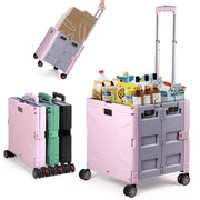 Folding Utility Cart with Lid | 60L Heavy Duty Rolling Crate with Wheels – Pink