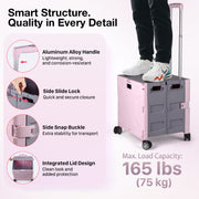 Folding Utility Cart with Lid | 60L Heavy Duty Rolling Crate with Wheels – Pink