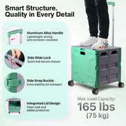 Folding Utility Cart with Lid | 60L Heavy Duty Rolling Crate with Wheels – Green