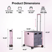 Folding Utility Cart with Lid | 60L Heavy Duty Rolling Crate with Wheels – Pink