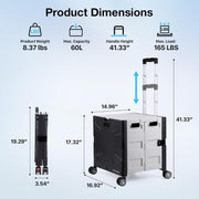 Folding Utility Cart with Lid | 60L Heavy Duty Rolling Crate with Wheels – Black