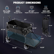 Heavy Duty Double Decker Folding Wagon | 400L All-Terrain Utility Cart with Brakes - Black