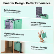 Folding Utility Cart with Lid | 60L Heavy Duty Rolling Crate with Wheels – Green