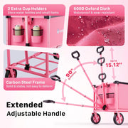 Collapsible Wagon Cart with Wheels, 150L Lightweight Foldable Utility Cart, Portable Rolling Wagon for Garden, Shopping, Sports, Camping, Transport, Pink