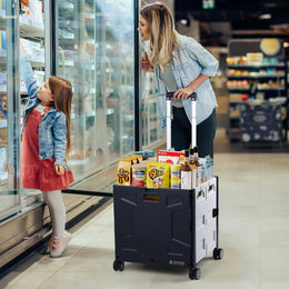Folding Utility Cart with Lid | 60L Heavy Duty Rolling Crate with Wheels – Black