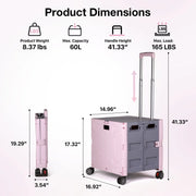 Folding Utility Cart Rolling Crate Handcart,165LBS Durable Heavy Duty, 60L Foldable Shopping Cart,for Groceries, Tools, Office, Teacher, Storage - Hombetta